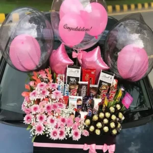 Chrysanthemum Baby Breath and Chocolates Balloon Box