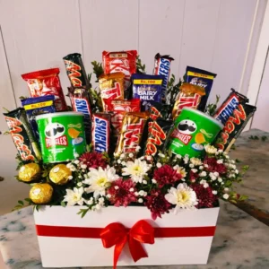 Gift Box Arrangement with Flowers, Candy, and Chips