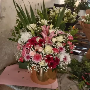 Golden Bloom Box Roses Lilies in a Golden Pot