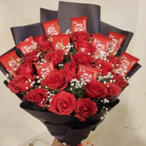 Large Bouquet of Red Roses and Baby's Breath & Chocolate