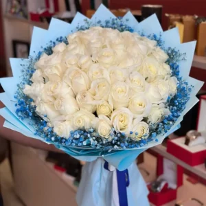 Large White Rose With Baby’s Breath