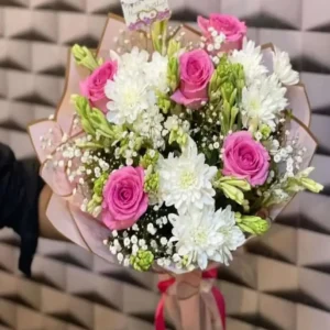 Pastel Bouquet Containing Pink Roses, White Chrysanthemums, Baby's Breath