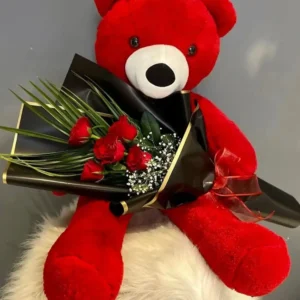 Red Teddy Bear with a Rose Bouquet