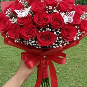 Romantic Red Rose Bouquet with Butterflies