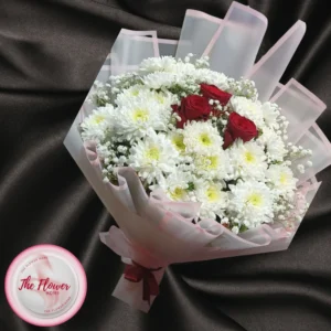 Snowy Chrysanthemum and Crimson Rose Bouquet