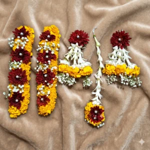 Vibrant Marigold, Maroon, and White Floral Jewelry Set